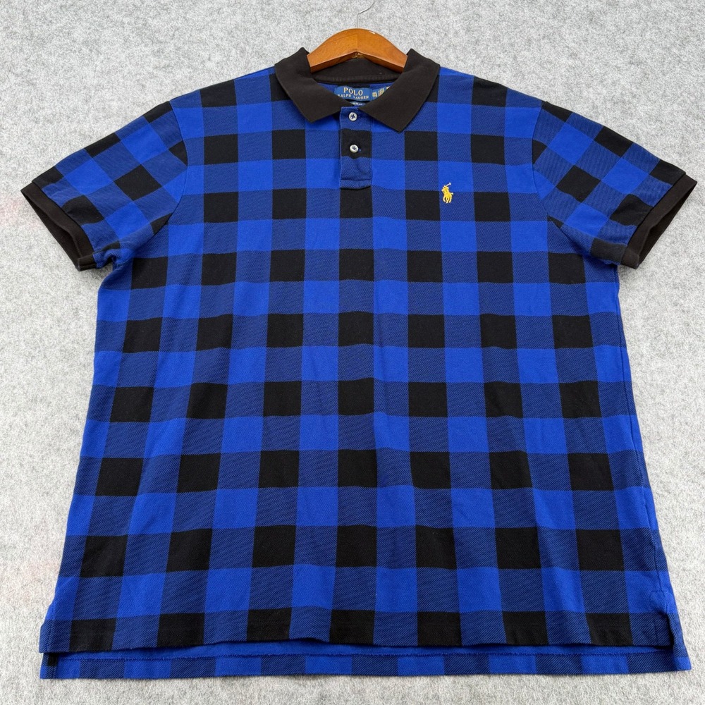 Polo Ralph Lauren Mens XXL Custom Slim Fit Buffalo Plaid Polo Shirt Blue Black